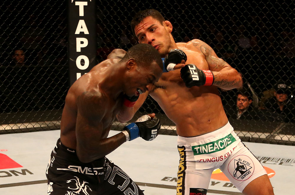 SAN JOSE, CA - JULY 11: (R-L) Rafael dos Anjos punches Anthony Njokuani during their lightweight bout at HP Pavilion on July 11, 2012 in San Jose, California. (Photo by Ezra Shaw/Zuffa LLC/Zuffa LLC via Getty Images) *** Local Caption *** Rafael Dos Anjos; Anthony Njokuani