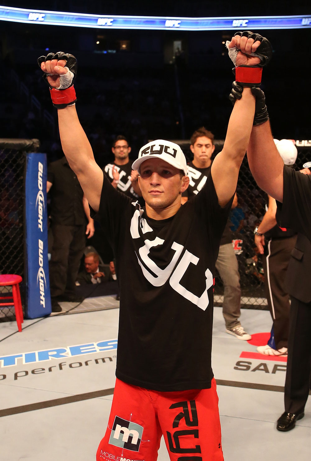 SAN JOSE, CA - JULY 11: TJ Dillashaw reacts to his submission victory over Vaughan Lee after their bantamweight bout at HP Pavilion on July 11, 2012 in San Jose, California. (Photo by Ezra Shaw/Zuffa LLC/Zuffa LLC via Getty Images) *** Local Caption *** T.J. Dillashaw