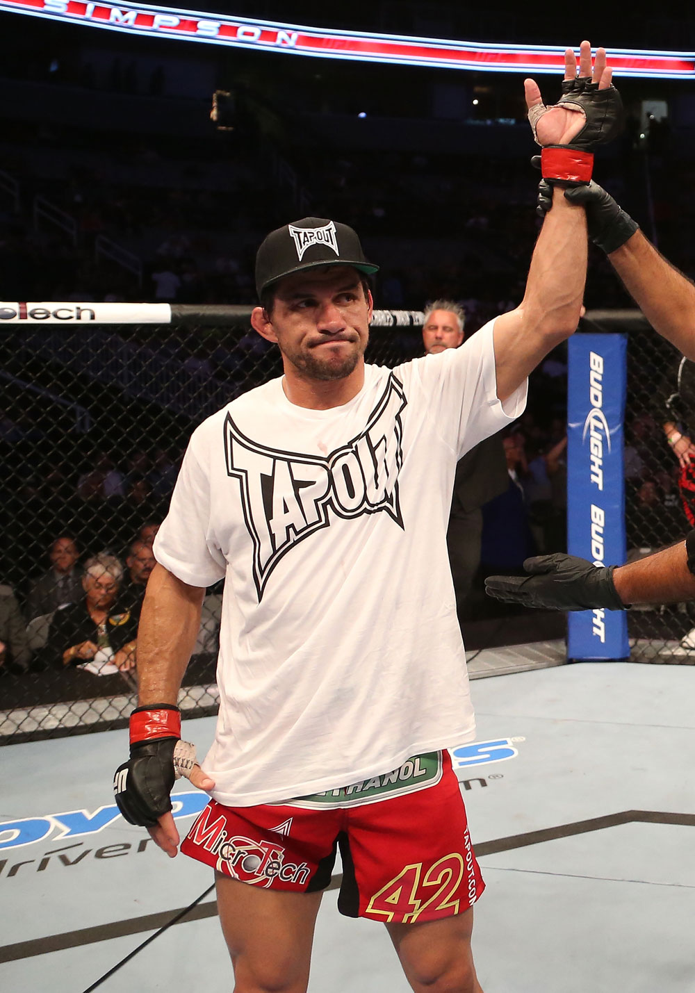 SAN JOSE, CA - JULY 11: Aaron Simpson reacts to being declared the winner after his welterweight bout at HP Pavilion on July 11, 2012 in San Jose, California. (Photo by Ezra Shaw/Zuffa LLC/Zuffa LLC via Getty Images) *** Local Caption *** Aaron Simpson