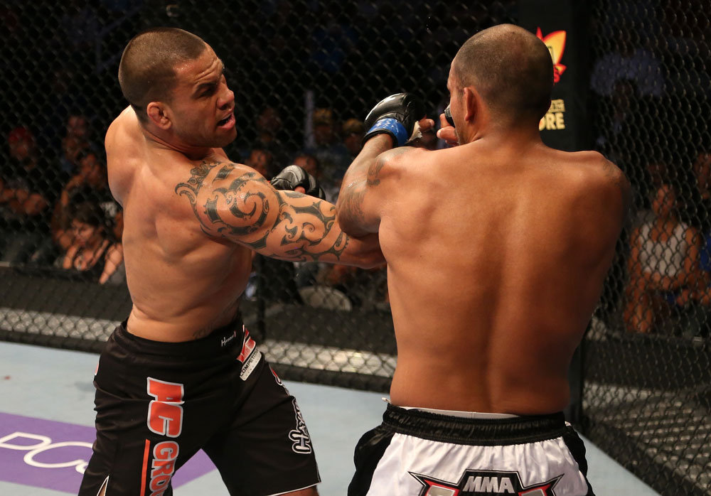 SAN JOSE, CA - JULY 11: (L-R) James Te Huna punches Joey Beltran during their light heavyweight bout at HP Pavilion on July 11, 2012 in San Jose, California. (Photo by Ezra Shaw/Zuffa LLC/Zuffa LLC via Getty Images) *** Local Caption *** James Te Huna; Joey Beltran