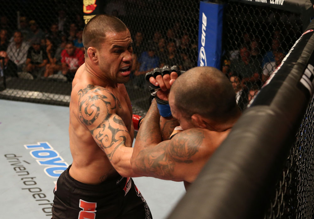 SAN JOSE, CA - JULY 11: (L-R) James Te Huna punches Joey Beltran during their light heavyweight bout at HP Pavilion on July 11, 2012 in San Jose, California. (Photo by Ezra Shaw/Zuffa LLC/Zuffa LLC via Getty Images) *** Local Caption *** James Te Huna; Joey Beltran