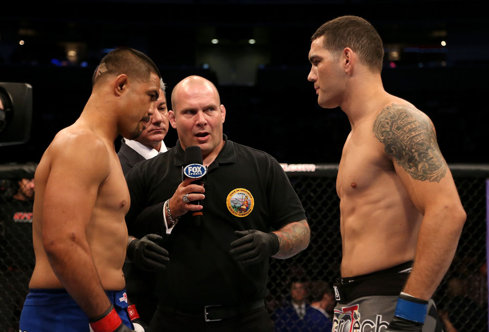 SAN JOSE, CA - JULY 11: Mark Munoz (left) and Chris Weidman (right) face off during their middleweight bout at HP Pavilion on July 11, 2012 in San Jose, California. (Photo by Ezra Shaw/Zuffa LLC/Zuffa LLC via Getty Images) *** Local Caption *** Mark Munoz; Chris Weidman