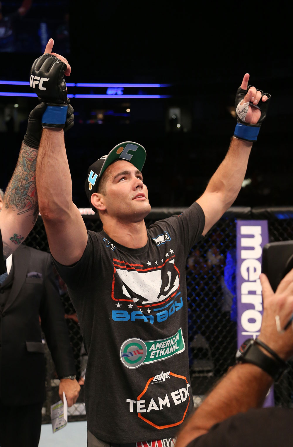 SAN JOSE, CA - JULY 11: Chris Weidman (grey shorts) reacts to his knockout victory over Mark Munoz during their middleweight bout at HP Pavilion on July 11, 2012 in San Jose, California. (Photo by Ezra Shaw/Zuffa LLC/Zuffa LLC via Getty Images) *** Local Caption *** Mark Munoz; Chris Weidman