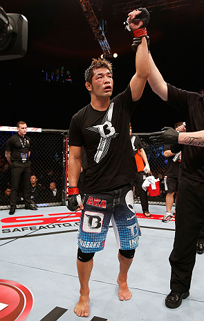 MACAU, MACAU - NOVEMBER 10: Riki Fukuda reacts after defeating Tom DeBlass during their middleweight bout at the UFC Macao event inside CotaiArena on November 10, 2012 in Macau, Macau. (Photo by Josh Hedges/Zuffa LLC/Zuffa LLC via Getty Images)