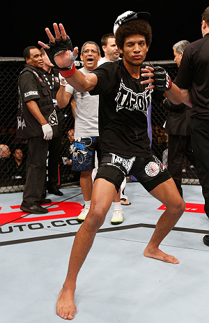 MACAU, MACAU - NOVEMBER 10: Alex Caceres reacts after defeating Motonobu Tezuka during their bantamweight bout at the UFC Macao event inside CotaiArena on November 10, 2012 in Macau, Macau. (Photo by Josh Hedges/Zuffa LLC/Zuffa LLC via Getty Images)