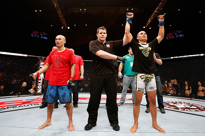 MACAU, MACAU - NOVEMBER 10: Jon Tuck (R) reacts after defeating Tiequan Zhang during their lightweight bout at the UFC Macao event inside CotaiArena on November 10, 2012 in Macau, Macau. (Photo by Josh Hedges/Zuffa LLC/Zuffa LLC via Getty Images)