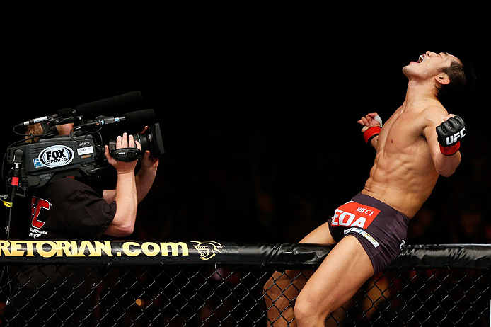MACAU, MACAU - NOVEMBER 10: Dong Hyun Kim reacts after defeating Paulo Thiago during their welterweight bout at the UFC Macao event inside CotaiArena on November 10, 2012 in Macau, Macau. (Photo by Josh Hedges/Zuffa LLC/Zuffa LLC via Getty Images)