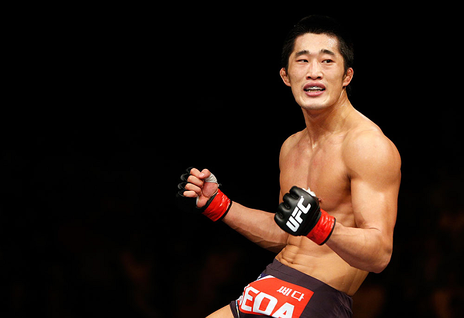 MACAU, MACAU - NOVEMBER 10: Dong Hyun Kim reacts after defeating Paulo Thiago during their welterweight bout at the UFC Macao event inside CotaiArena on November 10, 2012 in Macau, Macau. (Photo by Josh Hedges/Zuffa LLC/Zuffa LLC via Getty Images)