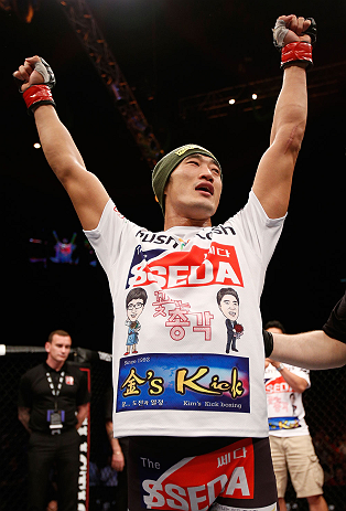 MACAU, MACAU - NOVEMBER 10: Dong Hyun Kim reacts after defeating Paulo Thiago during their welterweight bout at the UFC Macao event inside CotaiArena on November 10, 2012 in Macau, Macau. (Photo by Josh Hedges/Zuffa LLC/Zuffa LLC via Getty Images)