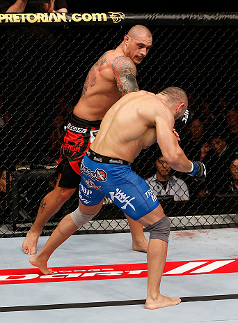 MACAU, MACAU - NOVEMBER 10: (L-R) Thiago Silva punches Stanislav Nedkov during their light heavyweight bout at the UFC Macao event inside CotaiArena on November 10, 2012 in Macau, Macau. (Photo by Josh Hedges/Zuffa LLC/Zuffa LLC via Getty Images)