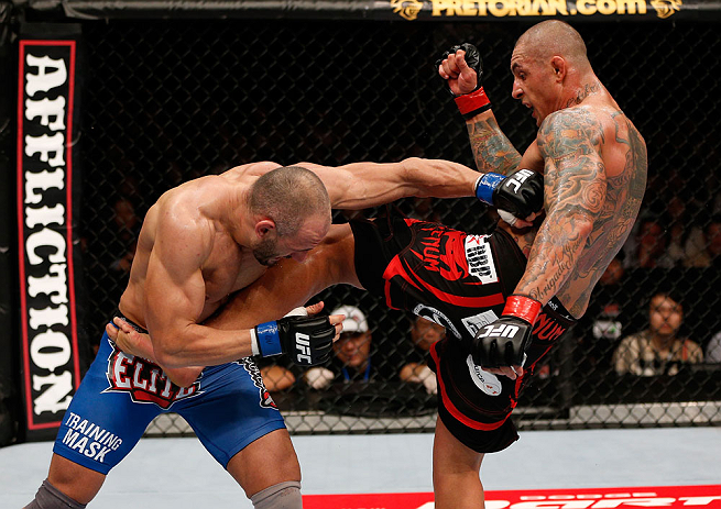 MACAU, MACAU - NOVEMBER 10: (R-L) Thiago Silva kicks Stanislav Nedkov during their light heavyweight bout at the UFC Macao event inside CotaiArena on November 10, 2012 in Macau, Macau. (Photo by Josh Hedges/Zuffa LLC/Zuffa LLC via Getty Images)