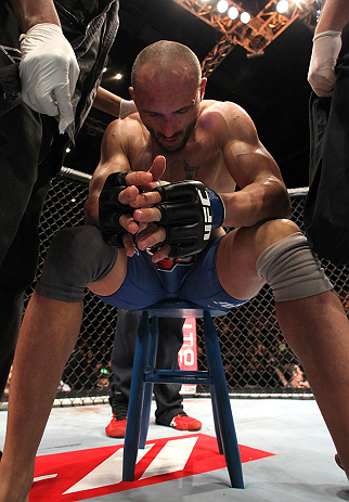 MACAU, MACAU - NOVEMBER 10: Stanislav Nedkov reacts after losing to Thiago Silva by submission during their light heavyweight bout at the UFC Macao event inside CotaiArena on November 10, 2012 in Macau, Macau. (Photo by Josh Hedges/Zuffa LLC/Zuffa LLC via Getty Images)