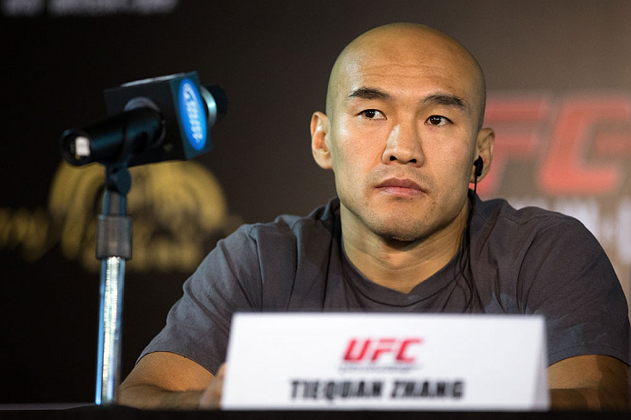 HONG KONG - NOVEMBER 07: Tiequan Zhang looks on during a UFC press conference at Harbour City Mall on November 7, 2012 in Hong Kong, Hong Kong. (Photo by Josh Hedges/Zuffa LLC/Zuffa LLC via Getty Images)