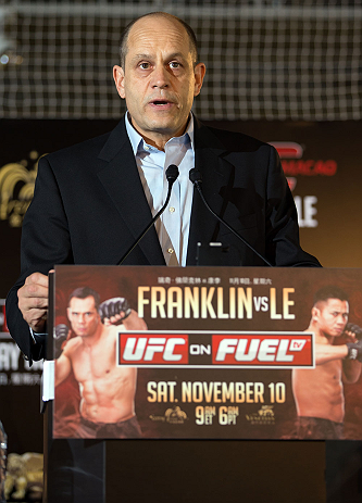 HONG KONG - NOVEMBER 07: Marc Fischer, vice president of UFC's Asia division, speaks during a UFC press conference at Harbour City Mall on November 7, 2012 in Hong Kong, Hong Kong. (Photo by Josh Hedges/Zuffa LLC/Zuffa LLC via Getty Images)