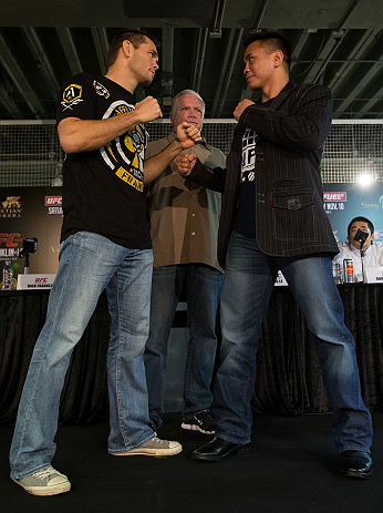 HONG KONG - NOVEMBER 07: (L-R) Opponents Rich Franklin and Cung Le face off during a UFC press conference at Harbour City Mall on November 7, 2012 in Hong Kong, Hong Kong. (Photo by Josh Hedges/Zuffa LLC/Zuffa LLC via Getty Images)