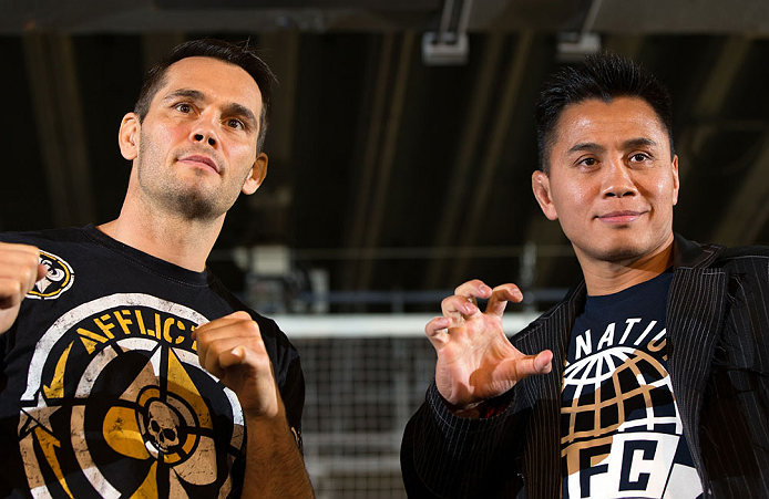 HONG KONG - NOVEMBER 07: (L-R) Opponents Rich Franklin and Cung Le pose for photos during a UFC press conference at Harbour City Mall on November 7, 2012 in Hong Kong, Hong Kong. (Photo by Josh Hedges/Zuffa LLC/Zuffa LLC via Getty Images)
