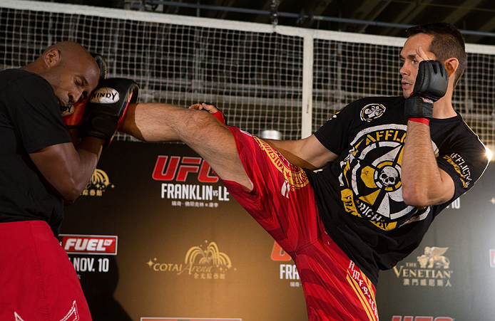 HONG KONG - NOVEMBER 07: Rich Franklin works out for media and fans during a UFC open workout session at Harbour City Mall on November 7, 2012 in Hong Kong, Hong Kong. (Photo by Josh Hedges/Zuffa LLC/Zuffa LLC via Getty Images)