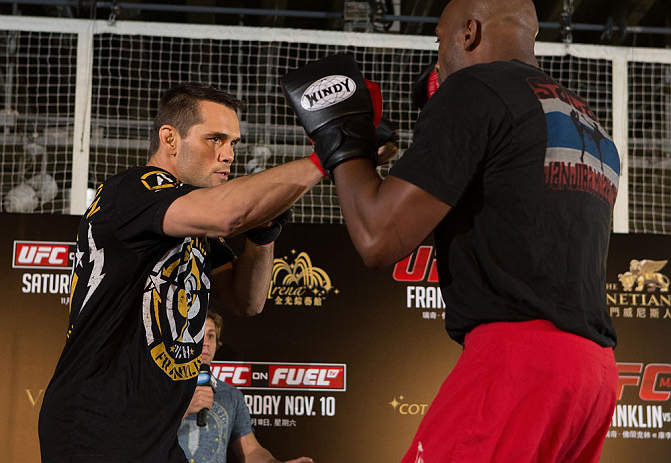 HONG KONG - NOVEMBER 07: Rich Franklin works out for media and fans during a UFC open workout session at Harbour City Mall on November 7, 2012 in Hong Kong, Hong Kong. (Photo by Josh Hedges/Zuffa LLC/Zuffa LLC via Getty Images)