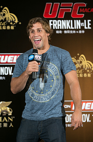 HONG KONG - NOVEMBER 07: Urijah Faber provides commentary during a UFC open workout session at Harbour City Mall on November 7, 2012 in Hong Kong, Hong Kong. (Photo by Josh Hedges/Zuffa LLC/Zuffa LLC via Getty Images)