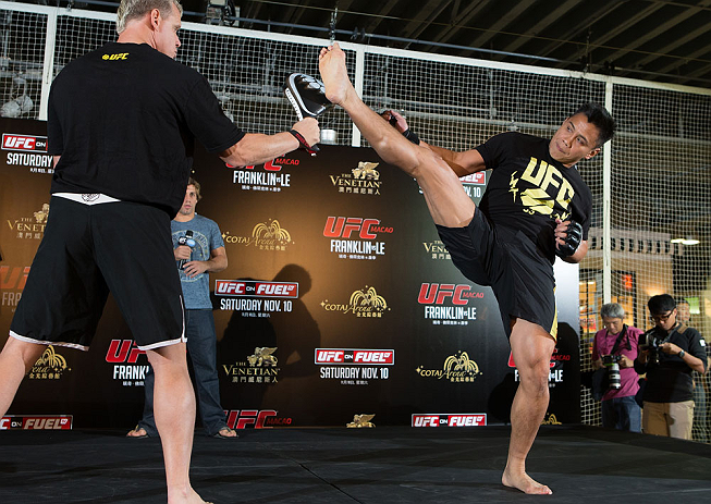HONG KONG - NOVEMBER 07: Cung Le works out for media and fans during a UFC open workout session at Harbour City Mall on November 7, 2012 in Hong Kong, Hong Kong. (Photo by Josh Hedges/Zuffa LLC/Zuffa LLC via Getty Images)