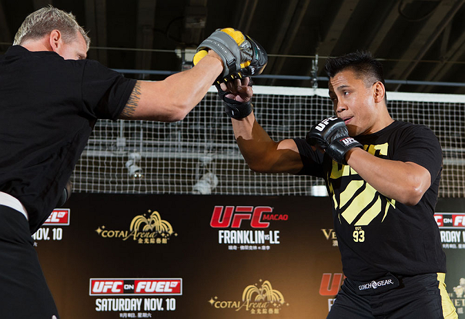 HONG KONG - NOVEMBER 07: Cung Le works out for media and fans during a UFC open workout session at Harbour City Mall on November 7, 2012 in Hong Kong, Hong Kong. (Photo by Josh Hedges/Zuffa LLC/Zuffa LLC via Getty Images)