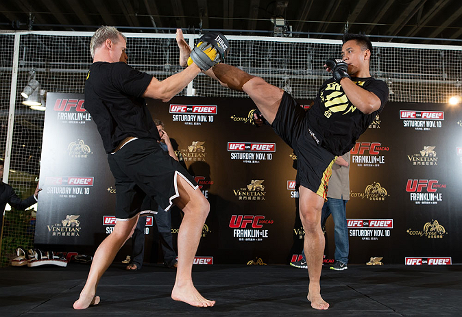 HONG KONG - NOVEMBER 07: Cung Le works out for media and fans during a UFC open workout session at Harbour City Mall on November 7, 2012 in Hong Kong, Hong Kong. (Photo by Josh Hedges/Zuffa LLC/Zuffa LLC via Getty Images)