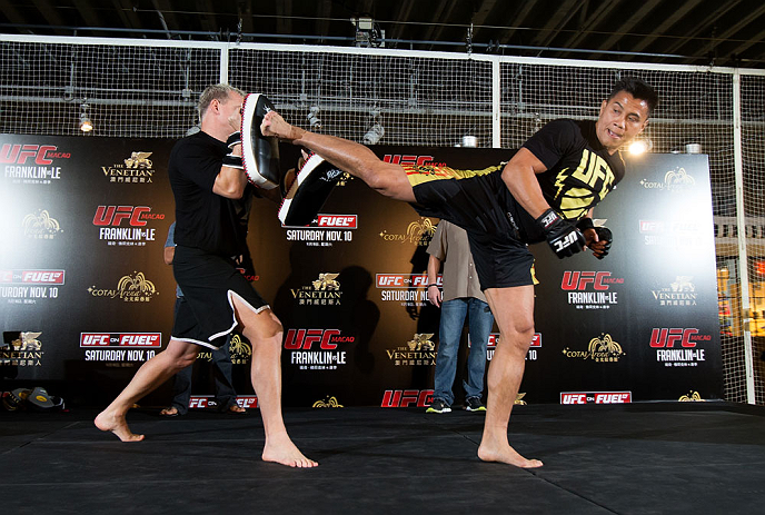 HONG KONG - NOVEMBER 07: Cung Le works out for media and fans during a UFC open workout session at Harbour City Mall on November 7, 2012 in Hong Kong, Hong Kong. (Photo by Josh Hedges/Zuffa LLC/Zuffa LLC via Getty Images)