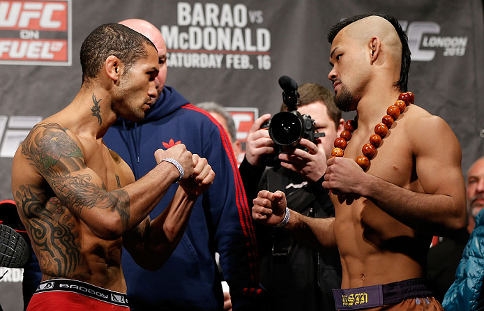 LONDON, ENGLAND - FEBRUARY 15:  (L-R) Opponents Vaughan Lee and Motonobu Tezuka face off during the UFC weigh-in on February 15, 2013 at Wembley Arena in London, England.  (Photo by Josh Hedges/Zuffa LLC/Zuffa LLC via Getty Images)
