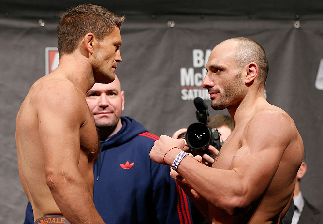 LONDON, ENGLAND - FEBRUARY 15:  (L-R) Opponents Tom Watson and Stanislav Nedkov face off during the UFC weigh-in on February 15, 2013 at Wembley Arena in London, England.  (Photo by Josh Hedges/Zuffa LLC/Zuffa LLC via Getty Images)