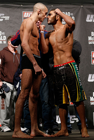 LONDON, ENGLAND - FEBRUARY 15:  (L-R) Opponents Terry Etim and Renee Forte face off during the UFC weigh-in on February 15, 2013 at Wembley Arena in London, England.  (Photo by Josh Hedges/Zuffa LLC/Zuffa LLC via Getty Images)