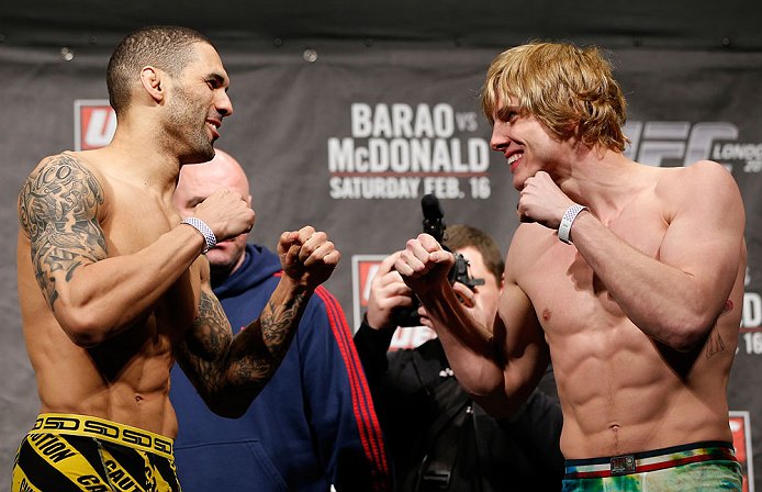 LONDON, ENGLAND - FEBRUARY 15:  (L-R) Opponents Che Mills and Matthew Riddle face off during the UFC weigh-in on February 15, 2013 at Wembley Arena in London, England.  (Photo by Josh Hedges/Zuffa LLC/Zuffa LLC via Getty Images)