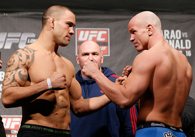 LONDON, ENGLAND - FEBRUARY 15:  (L-R) Opponents James Te Huna and Ryan Jimmo face off during the UFC weigh-in on February 15, 2013 at Wembley Arena in London, England.  (Photo by Josh Hedges/Zuffa LLC/Zuffa LLC via Getty Images)
