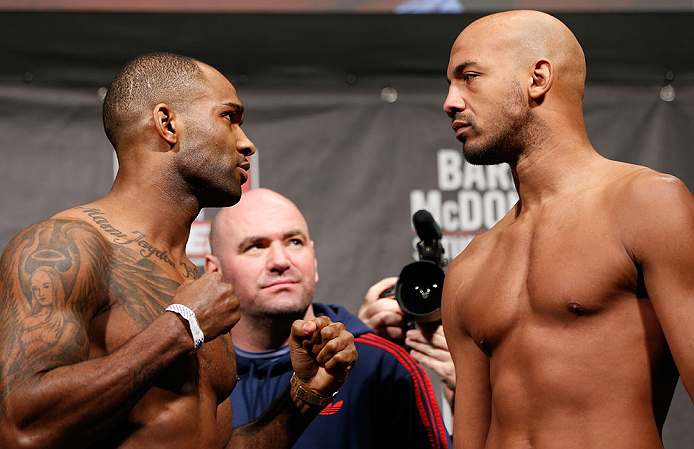 LONDON, ENGLAND - FEBRUARY 15:  (L-R) Opponents Jimi Manuwa and Cyrille Diabate face off during the UFC weigh-in on February 15, 2013 at Wembley Arena in London, England.  (Photo by Josh Hedges/Zuffa LLC/Zuffa LLC via Getty Images)