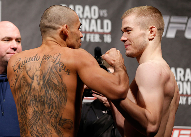 LONDON, ENGLAND - FEBRUARY 15:  (L-R) Opponents Renan Baraoand Michael McDonald face off during the UFC weigh-in on February 15, 2013 at Wembley Arena in London, England.  (Photo by Josh Hedges/Zuffa LLC/Zuffa LLC via Getty Images)