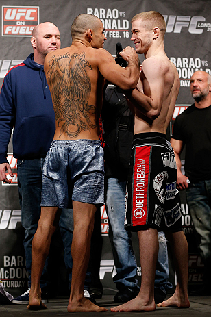 LONDON, ENGLAND - FEBRUARY 15:  (L-R) Opponents Renan Baraoand Michael McDonald face off during the UFC weigh-in on February 15, 2013 at Wembley Arena in London, England.  (Photo by Josh Hedges/Zuffa LLC/Zuffa LLC via Getty Images)