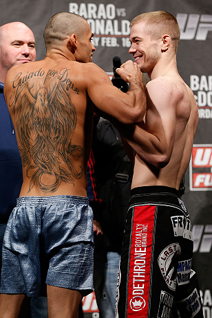 LONDON, ENGLAND - FEBRUARY 15:  (L-R) Opponents Renan Baraoand Michael McDonald face off during the UFC weigh-in on February 15, 2013 at Wembley Arena in London, England.  (Photo by Josh Hedges/Zuffa LLC/Zuffa LLC via Getty Images)