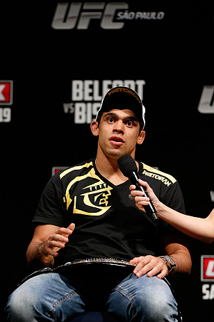 SAO PAULO, BRAZIL - JANUARY 18: Renan Barao interacts with fans during a Q&A session before the UFC on FX official weigh-in event on January 18, 2013 at Ibirapuera Gymnasium in Sao Paulo, Brazil. (Photo by Josh Hedges/Zuffa LLC/Zuffa LLC via Getty Images)