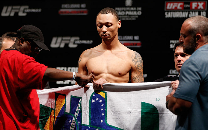 SAO PAULO, BRAZIL - JANUARY 18: C.J. Keith weighs in during the UFC on FX official weigh-in event on January 18, 2013 at Ibirapuera Gymnasium in Sao Paulo, Brazil. (Photo by Josh Hedges/Zuffa LLC/Zuffa LLC via Getty Images)
