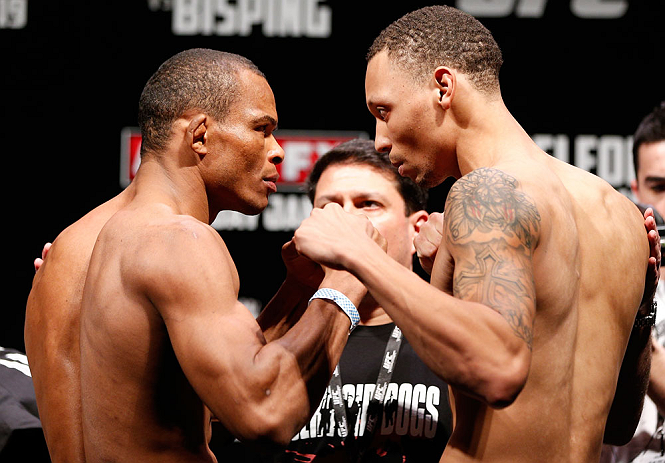 SAO PAULO, BRAZIL - JANUARY 18: (L-R) Opponents Francisco Trinaldo and C.J. Keith face off during the UFC on FX official weigh-in event on January 18, 2013 at Ibirapuera Gymnasium in Sao Paulo, Brazil. (Photo by Josh Hedges/Zuffa LLC/Zuffa LLC via Getty Images)