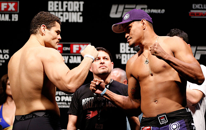 SAO PAULO, BRAZIL - JANUARY 18: (L-R) Opponents Wagner Prado and Ildemar Alcantara face off during the UFC on FX official weigh-in event on January 18, 2013 at Ibirapuera Gymnasium in Sao Paulo, Brazil. (Photo by Josh Hedges/Zuffa LLC/Zuffa LLC via Getty Images)