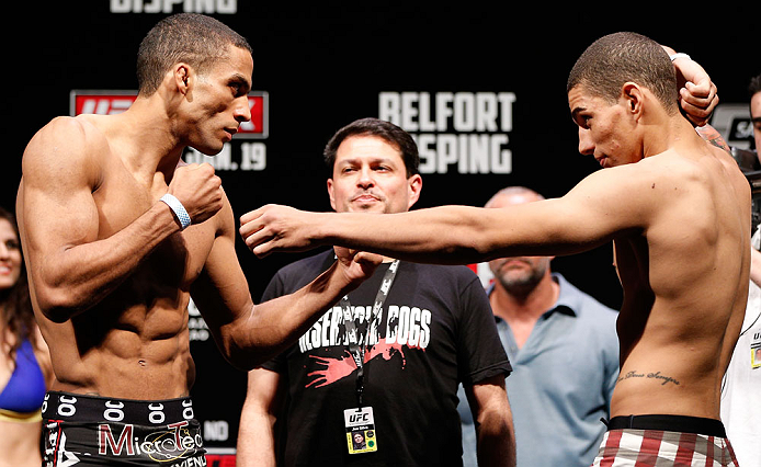 SAO PAULO, BRAZIL - JANUARY 18: (L-R) Opponents Edson Barboza and Lucas Martins face off during the UFC on FX official weigh-in event on January 18, 2013 at Ibirapuera Gymnasium in Sao Paulo, Brazil. (Photo by Josh Hedges/Zuffa LLC/Zuffa LLC via Getty Images)