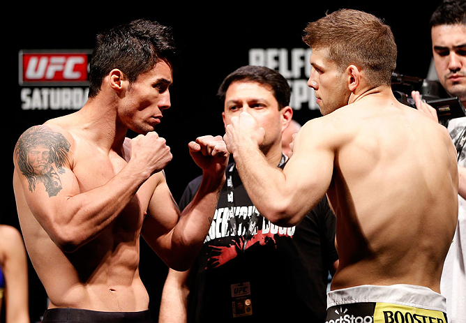 SAO PAULO, BRAZIL - JANUARY 18: (L-R) Opponents Diego Nunes and Nik Lentz face off during the UFC on FX official weigh-in event on January 18, 2013 at Ibirapuera Gymnasium in Sao Paulo, Brazil. (Photo by Josh Hedges/Zuffa LLC/Zuffa LLC via Getty Images)