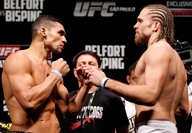 SAO PAULO, BRAZIL - JANUARY 18: (L-R) Opponents Ronny Markes and Andrew Craig face off during the UFC on FX official weigh-in event on January 18, 2013 at Ibirapuera Gymnasium in Sao Paulo, Brazil. (Photo by Josh Hedges/Zuffa LLC/Zuffa LLC via Getty Images)