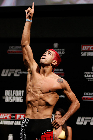 SAO PAULO, BRAZIL - JANUARY 18: Godofredo "Pepey" Castro weighs in during the UFC on FX official weigh-in event on January 18, 2013 at Ibirapuera Gymnasium in Sao Paulo, Brazil. (Photo by Josh Hedges/Zuffa LLC/Zuffa LLC via Getty Images)