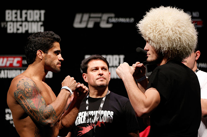 SAO PAULO, BRAZIL - JANUARY 18: (L-R) Opponents Thiago Tavares and Khabib Nurmagomedov face off during the UFC on FX official weigh-in event on January 18, 2013 at Ibirapuera Gymnasium in Sao Paulo, Brazil. (Photo by Josh Hedges/Zuffa LLC/Zuffa LLC via Getty Images)