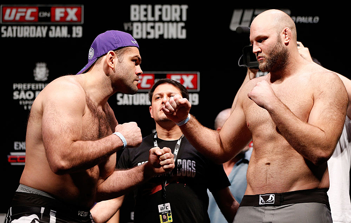 SAO PAULO, BRAZIL - JANUARY 18: (L-R) Opponents Gabriel Gonzaga and Ben Rothwell face off during the UFC on FX official weigh-in event on January 18, 2013 at Ibirapuera Gymnasium in Sao Paulo, Brazil. (Photo by Josh Hedges/Zuffa LLC/Zuffa LLC via Getty Images)