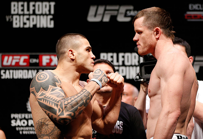 SAO PAULO, BRAZIL - JANUARY 18: (L-R) Opponents Daniel Sarafian and C.B. Dolloway face off during the UFC on FX official weigh-in event on January 18, 2013 at Ibirapuera Gymnasium in Sao Paulo, Brazil. (Photo by Josh Hedges/Zuffa LLC/Zuffa LLC via Getty Images)