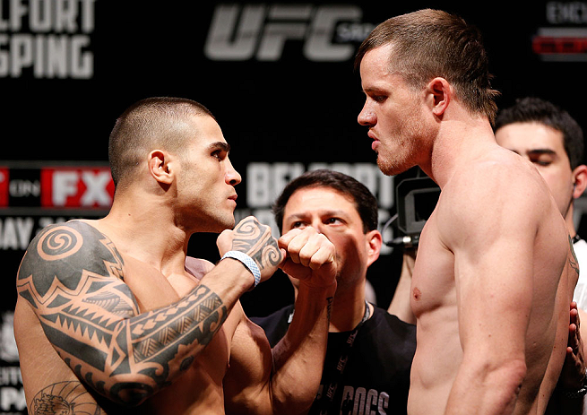 SAO PAULO, BRAZIL - JANUARY 18: (L-R) Opponents Daniel Sarafian and C.B. Dolloway face off during the UFC on FX official weigh-in event on January 18, 2013 at Ibirapuera Gymnasium in Sao Paulo, Brazil. (Photo by Josh Hedges/Zuffa LLC/Zuffa LLC via Getty Images)