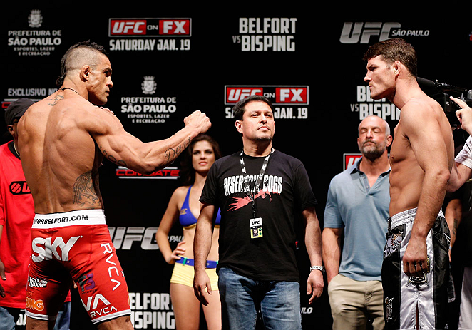SAO PAULO, BRAZIL - JANUARY 18: (L-R) Opponents Vitor Belfort and Michael Bisping face off during the UFC on FX official weigh-in event on January 18, 2013 at Ibirapuera Gymnasium in Sao Paulo, Brazil. (Photo by Josh Hedges/Zuffa LLC/Zuffa LLC via Getty Images)