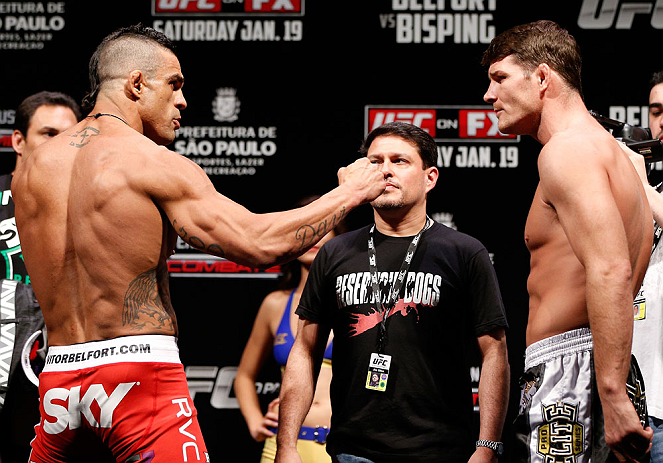 SAO PAULO, BRAZIL - JANUARY 18: (L-R) Opponents Vitor Belfort and Michael Bisping face off during the UFC on FX official weigh-in event on January 18, 2013 at Ibirapuera Gymnasium in Sao Paulo, Brazil. (Photo by Josh Hedges/Zuffa LLC/Zuffa LLC via Getty Images)